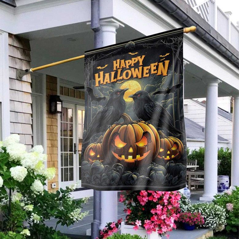 Double-Sided Halloween House Flag With Ravens And Pumpkins - Porch And Garden Decor