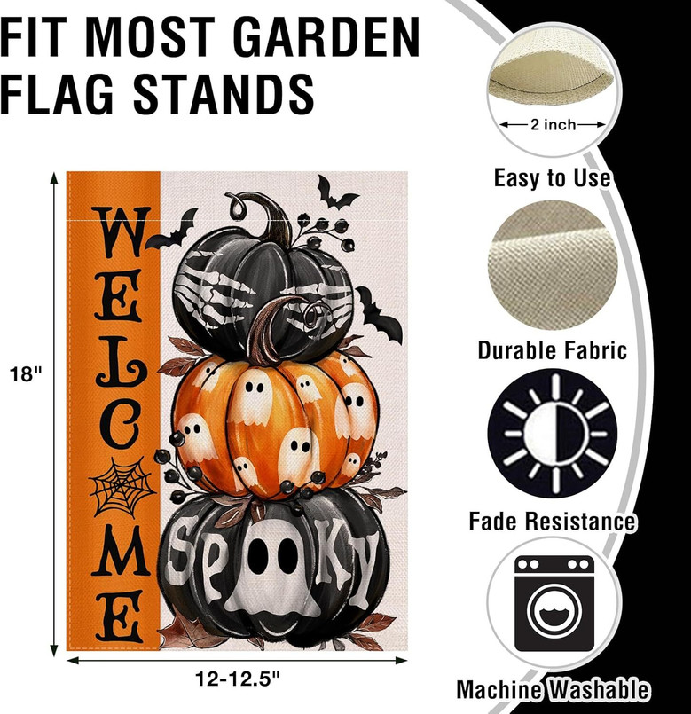 Spooky Halloween Pumpkin Garden Flag With Ghosts & Skeletons - Outdoor Decor For Yard & Lawn