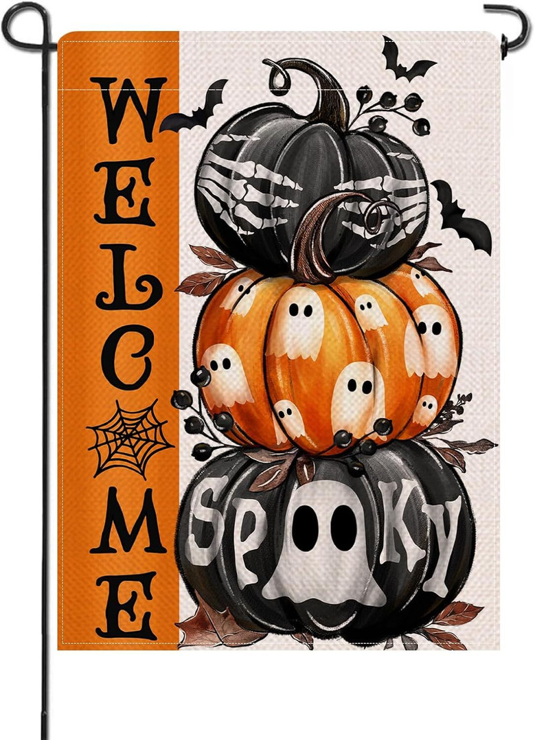 Spooky Halloween Pumpkin Garden Flag With Ghosts & Skeletons - Outdoor Decor For Yard & Lawn