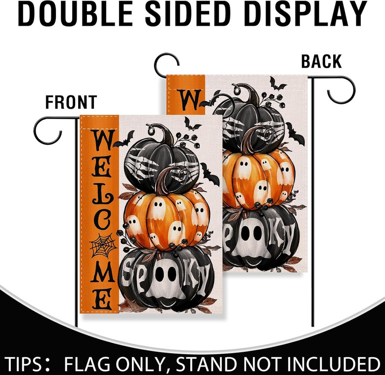 Spooky Halloween Pumpkin Garden Flag With Ghosts & Skeletons - Outdoor Decor For Yard & Lawn