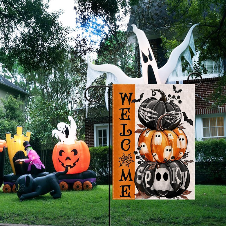 Spooky Halloween Pumpkin Garden Flag With Ghosts & Skeletons - Outdoor Decor For Yard & Lawn