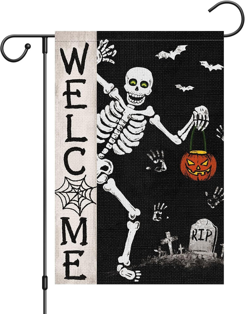 Spooky Skeleton-Themed Halloween Garden Flag - 12x18 Double Sided Burlap DéCor For Outdoor Seasonal Display