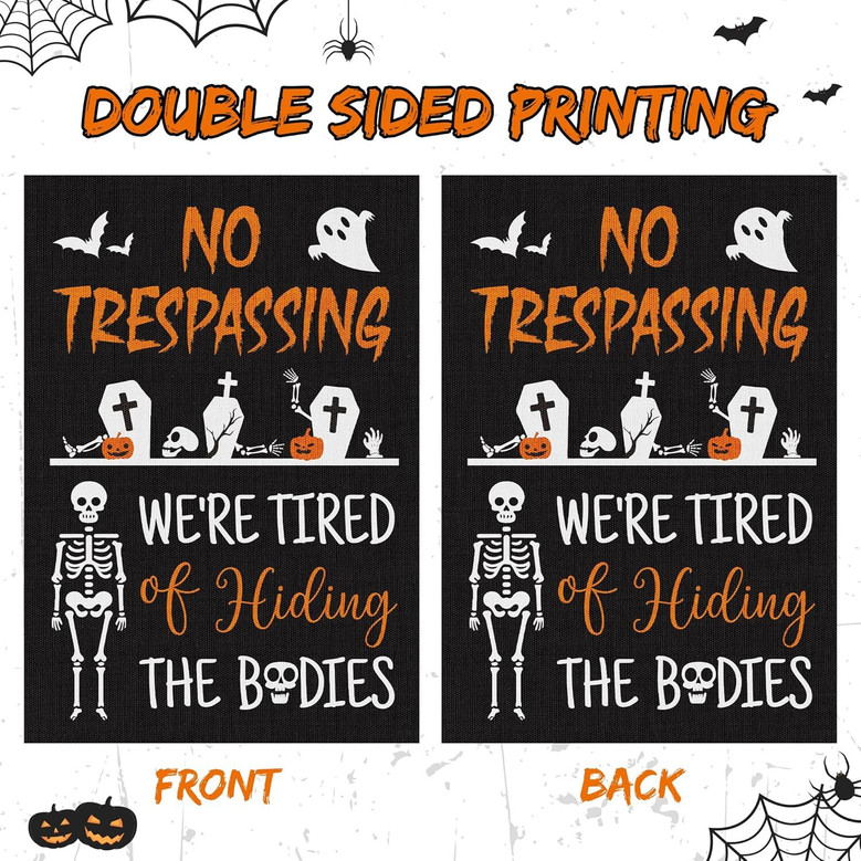 Halloween Skeleton Garden Flag - Trick Or Treat Outdoor Decor - Skull Ghost No Trespassing - Double Sided Burlap