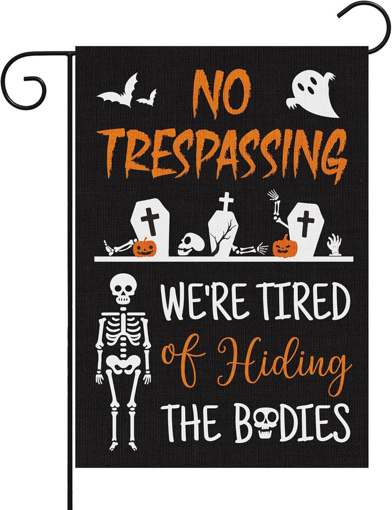 Halloween Skeleton Garden Flag - Trick Or Treat Outdoor Decor - Skull Ghost No Trespassing - Double Sided Burlap