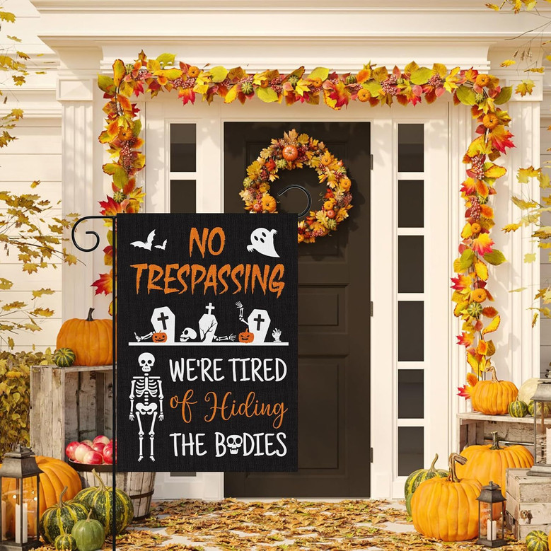 Halloween Skeleton Garden Flag - Trick Or Treat Outdoor Decor - Skull Ghost No Trespassing - Double Sided Burlap