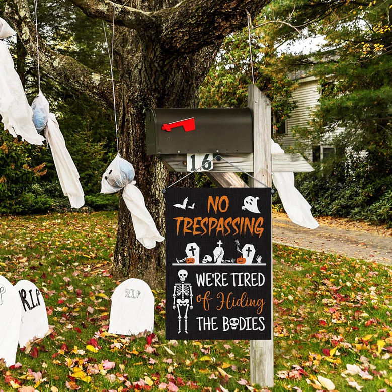 Halloween Skeleton Garden Flag - Trick Or Treat Outdoor Decor - Skull Ghost No Trespassing - Double Sided Burlap