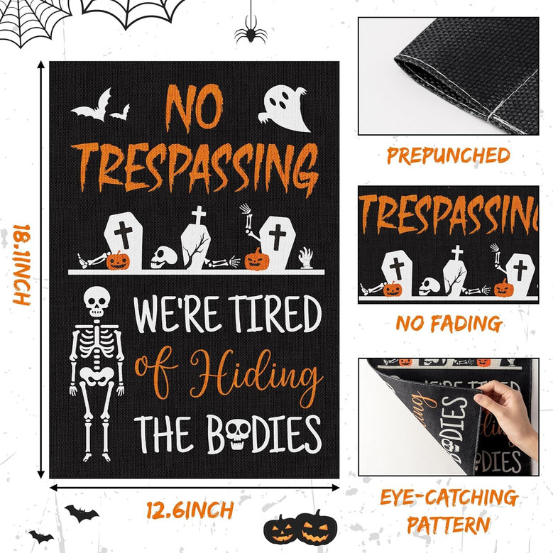 Halloween Skeleton Garden Flag - Trick Or Treat Outdoor Decor - Skull Ghost No Trespassing - Double Sided Burlap