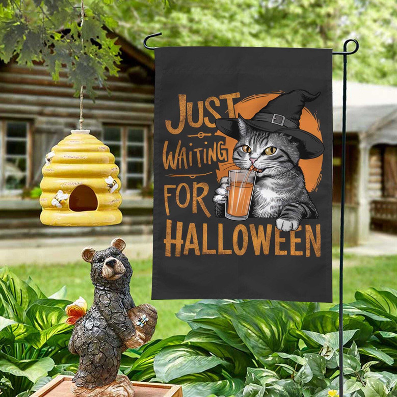Just Waiting For Halloween Witchy Garden Flag - Spooky Cat Design For Fall Decorations