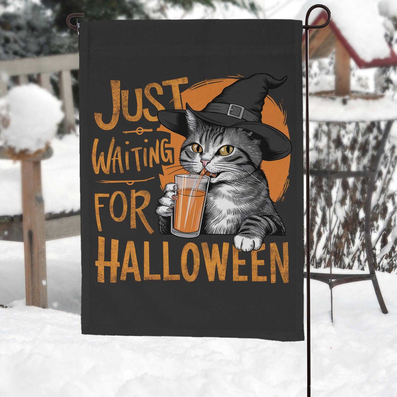 Just Waiting For Halloween Witchy Garden Flag - Spooky Cat Design For Fall Decorations