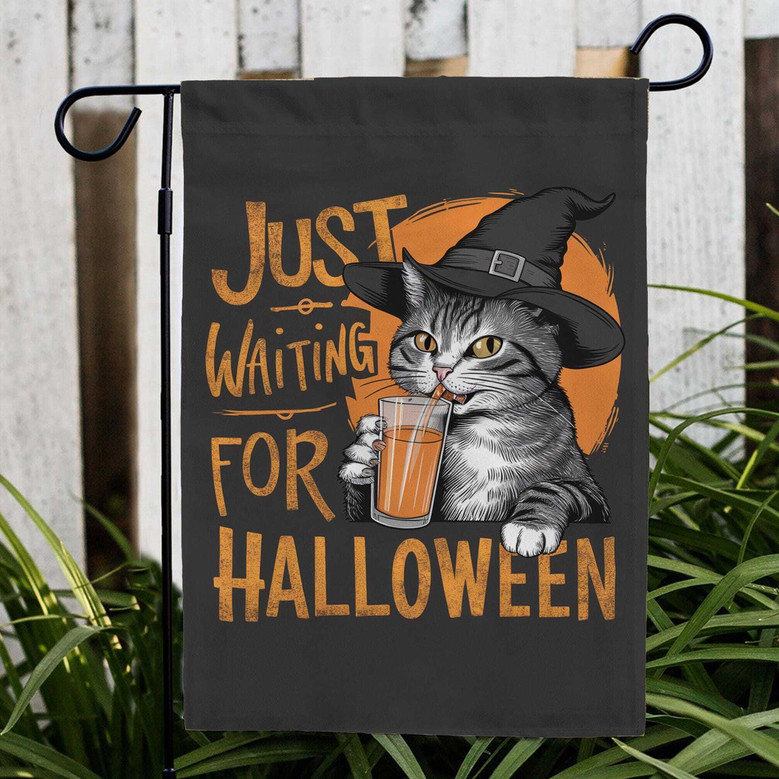 Just Waiting For Halloween Witchy Garden Flag - Spooky Cat Design For Fall Decorations