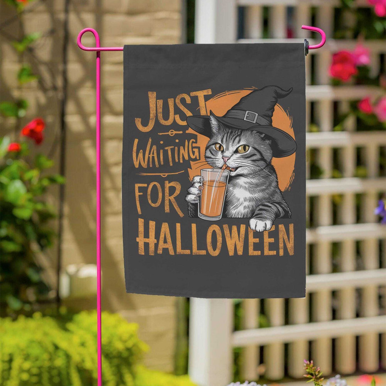 Just Waiting For Halloween Witchy Garden Flag - Spooky Cat Design For Fall Decorations