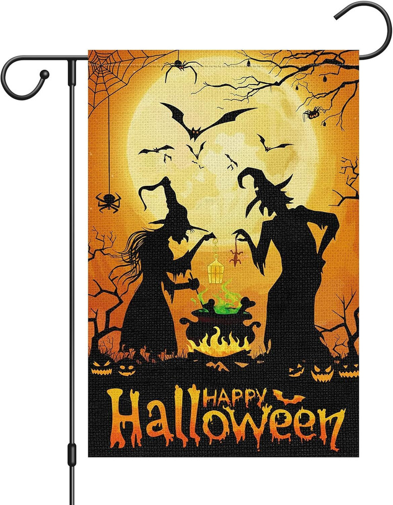 Double-Sided Witch Halloween Garden Flag - 12x18 Burlap Seasonal Outdoor Decor