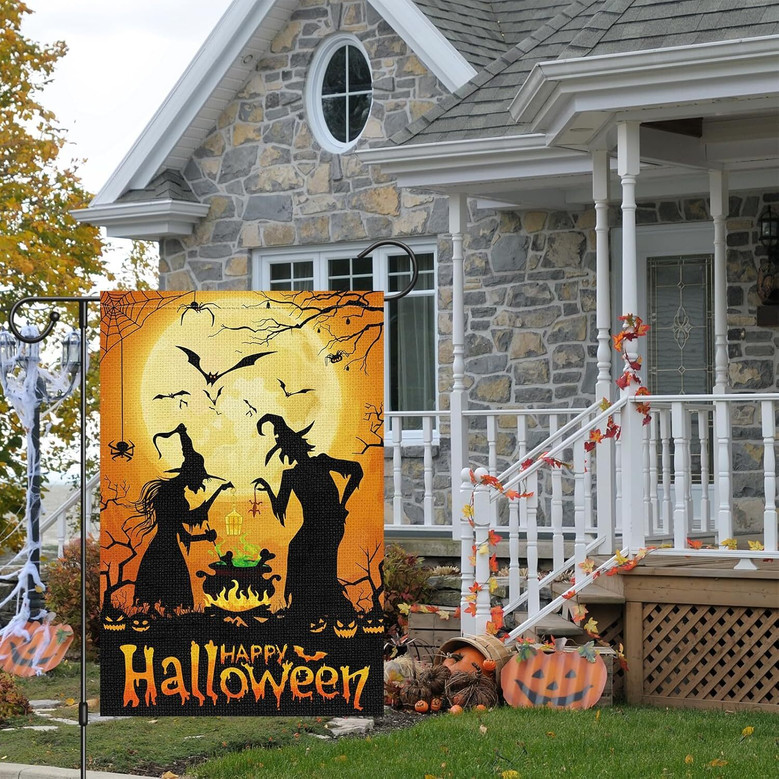 Double-Sided Witch Halloween Garden Flag - 12x18 Burlap Seasonal Outdoor Decor