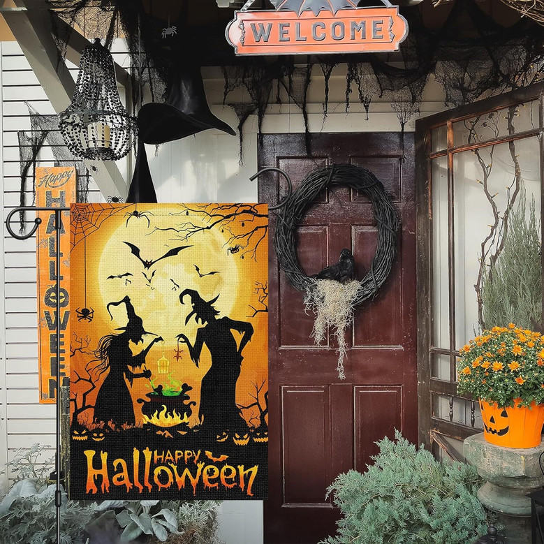 Double-Sided Witch Halloween Garden Flag - 12x18 Burlap Seasonal Outdoor Decor