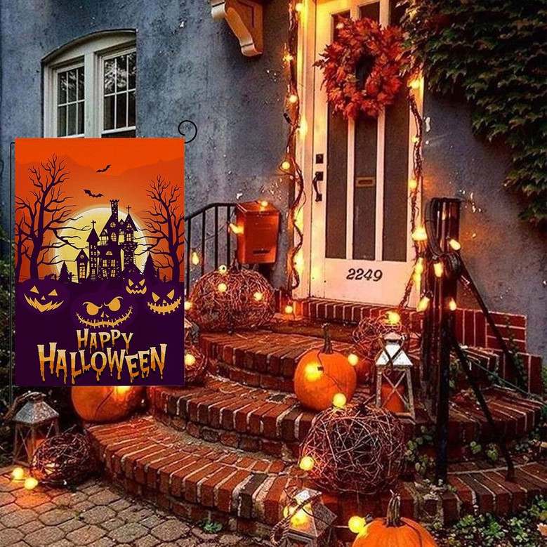 Spooky Haunted House Pumpkin Garden Flag - Halloween Outdoor Patio Decor