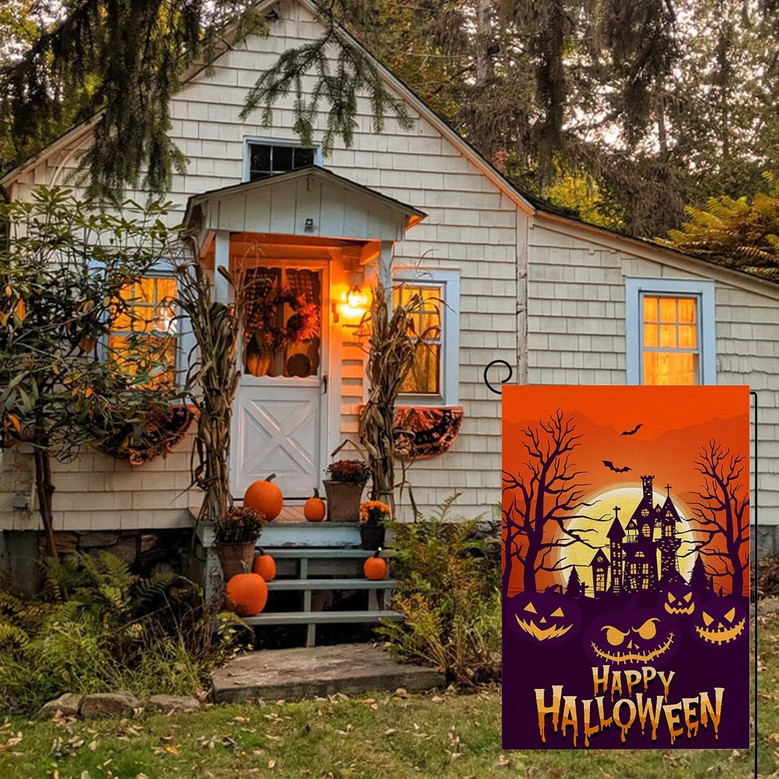 Spooky Haunted House Pumpkin Garden Flag - Halloween Outdoor Patio Decor