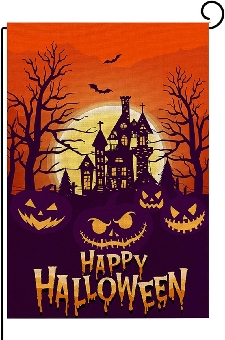 Spooky Haunted House Pumpkin Garden Flag - Halloween Outdoor Patio Decor