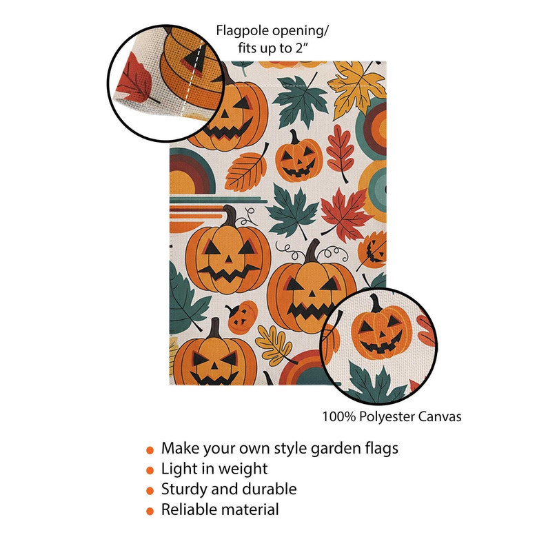 Retro Halloween Garden Flag With Jack-O'-Lanterns And Colorful Leaves - Vintage Fall Outdoor Decoration