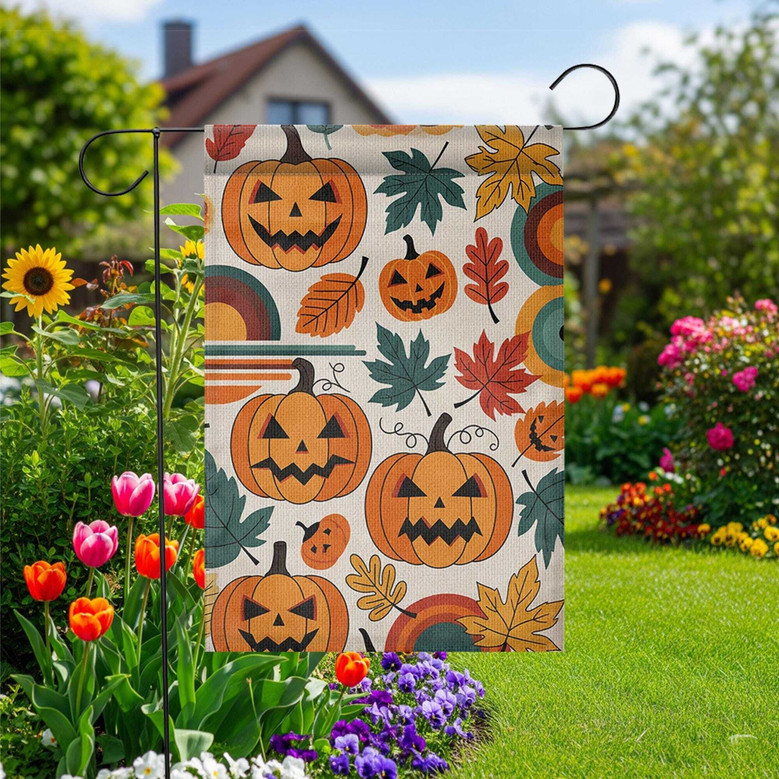 Retro Halloween Garden Flag With Jack-O'-Lanterns And Colorful Leaves - Vintage Fall Outdoor Decoration