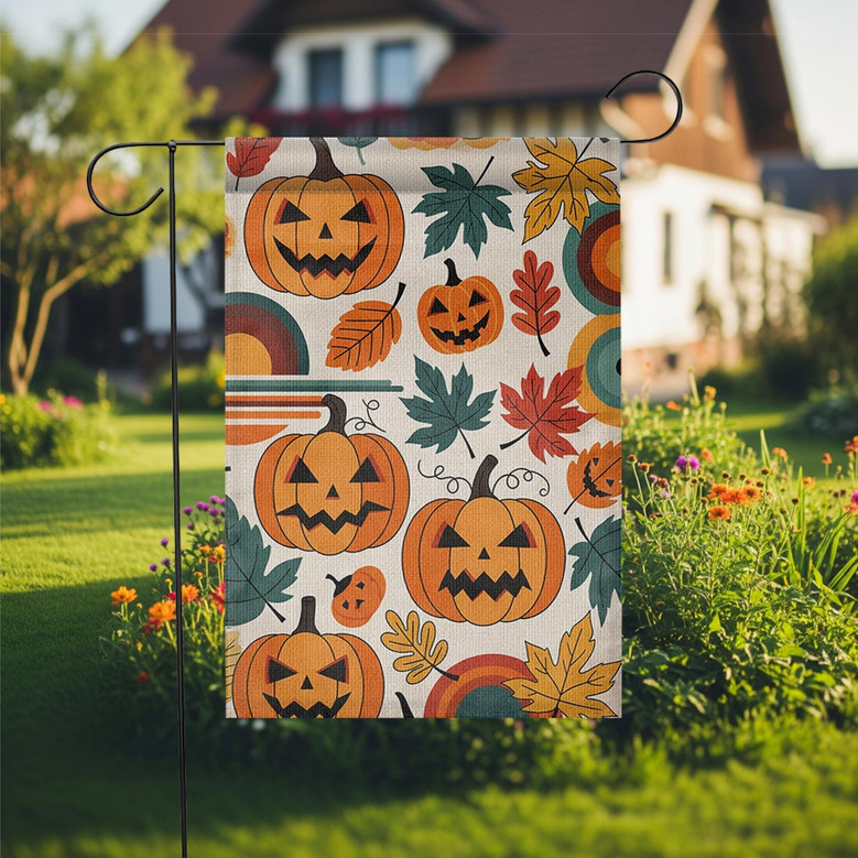 Retro Halloween Garden Flag With Jack-O'-Lanterns And Colorful Leaves - Vintage Fall Outdoor Decoration