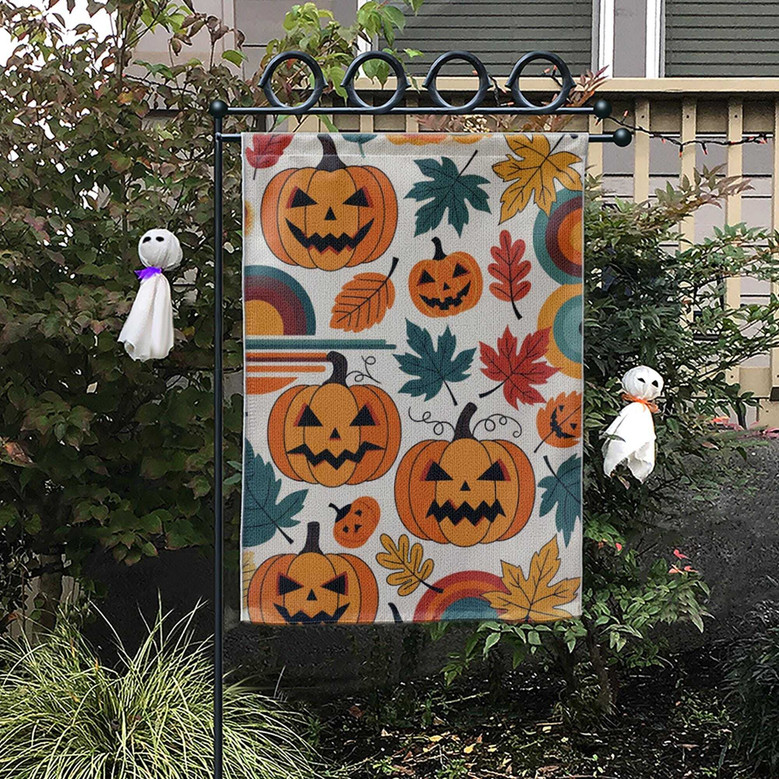 Retro Halloween Garden Flag With Jack-O'-Lanterns And Colorful Leaves - Vintage Fall Outdoor Decoration
