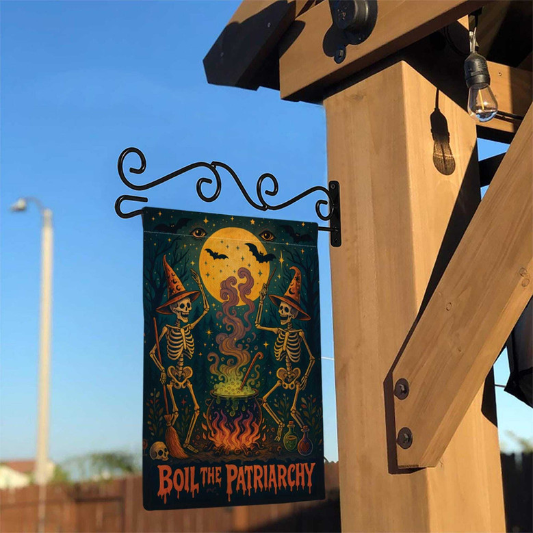 Skeleton Halloween Garden Flag For Feminists - Witches & Cauldron Design For Yard Decor
