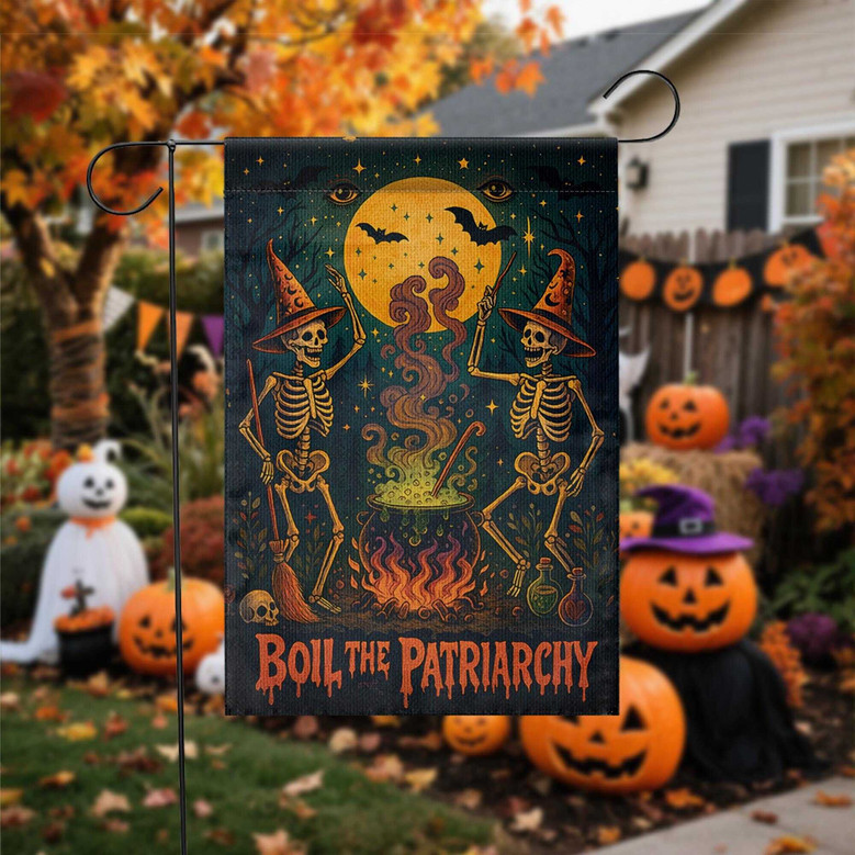 Skeleton Halloween Garden Flag For Feminists - Witches & Cauldron Design For Yard Decor