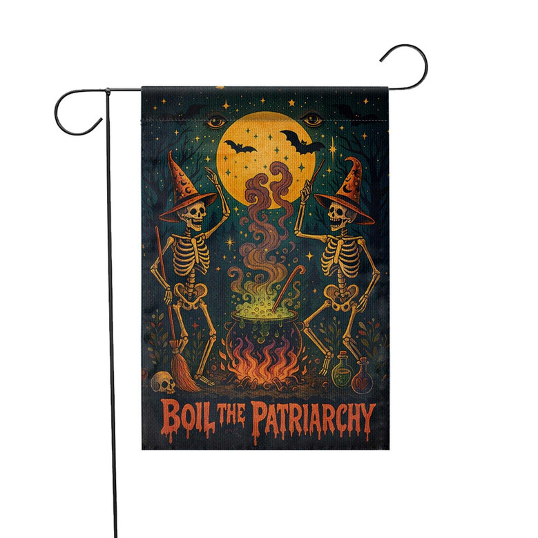 Skeleton Halloween Garden Flag For Feminists - Witches & Cauldron Design For Yard Decor