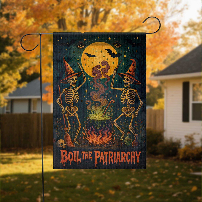 Skeleton Halloween Garden Flag For Feminists - Witches & Cauldron Design For Yard Decor