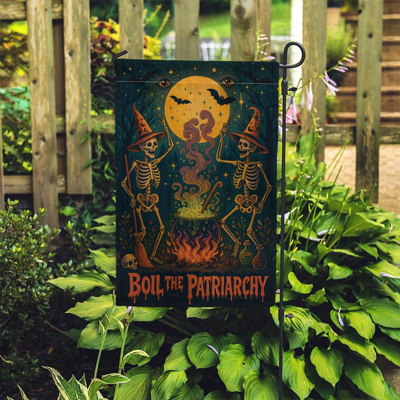 Skeleton Halloween Garden Flag For Feminists - Witches & Cauldron Design For Yard Decor