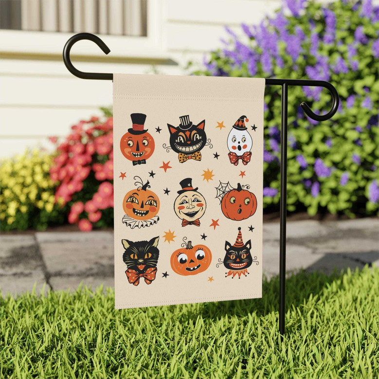 Spooky Vintage Halloween Flag - Black Cat & Pumpkin Folk Art For Garden Decoration