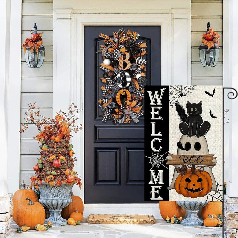 Welcome Halloween Garden Flag – Ghost, Cat & Pumpkin Yard Decor for Outdoor Fun