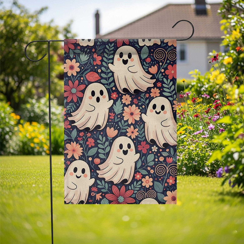 Cute Halloween Garden Flag - Whimsical Ghosts & Florals For Outdoor Fall Decor