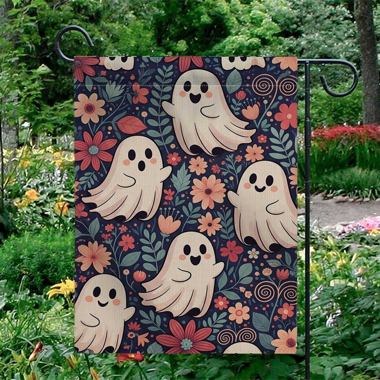 Cute Halloween Garden Flag - Whimsical Ghosts & Florals For Outdoor Fall Decor