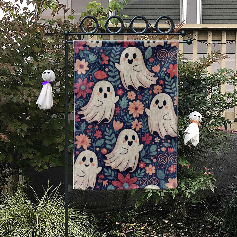 Cute Halloween Garden Flag - Whimsical Ghosts & Florals For Outdoor Fall Decor