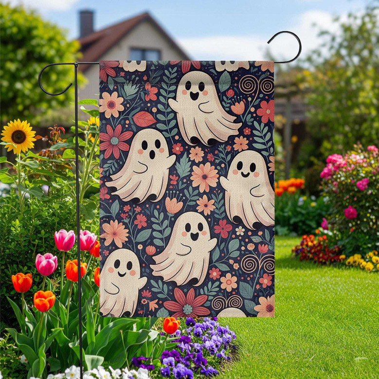 Cute Halloween Garden Flag - Whimsical Ghosts & Florals For Outdoor Fall Decor