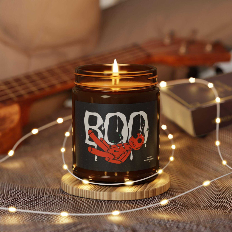 Spooky “Boo” Soy Candle in Amber Jar – Funny Halloween Decor for Fall Parties