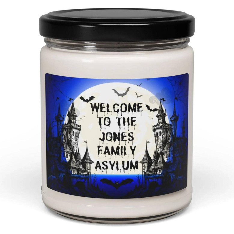 Custom Halloween Soy Candle – “Welcome to the Asylum” Spooky Name Decor Gift