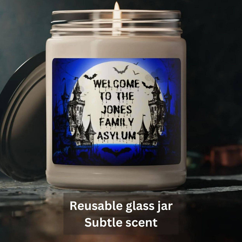 Custom Halloween Soy Candle – “Welcome to the Asylum” Spooky Name Decor Gift