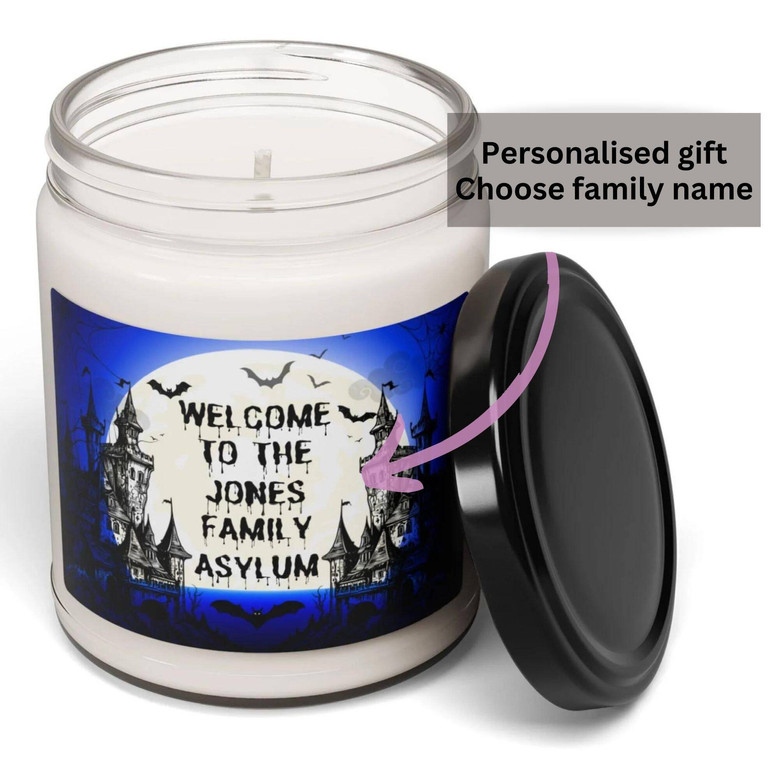 Custom Halloween Soy Candle – “Welcome to the Asylum” Spooky Name Decor Gift