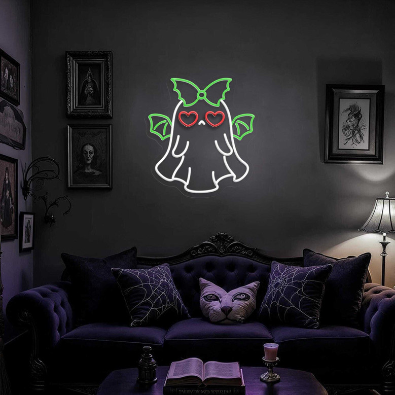 Spooky Bat Ghost Neon Sign - Gothic Halloween Wall Art For Kids' Room Decor
