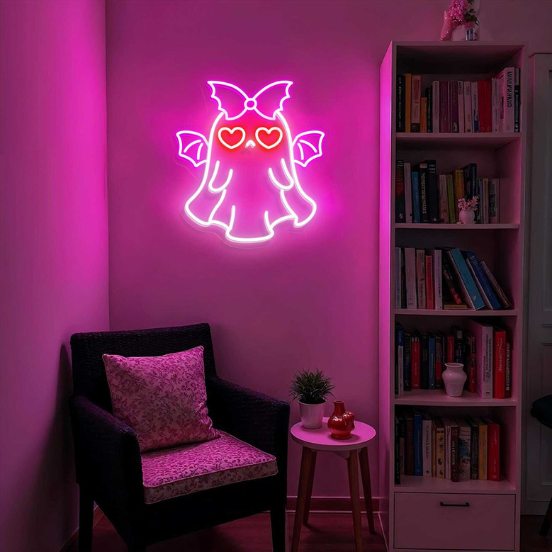 Spooky Bat Ghost Neon Sign - Gothic Halloween Wall Art For Kids' Room Decor