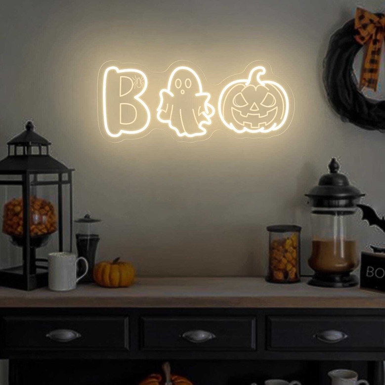 Cute Boo Ghost Halloween Neon Sign For Kids' Room Decor - Pumpkin Theme With Spider Web