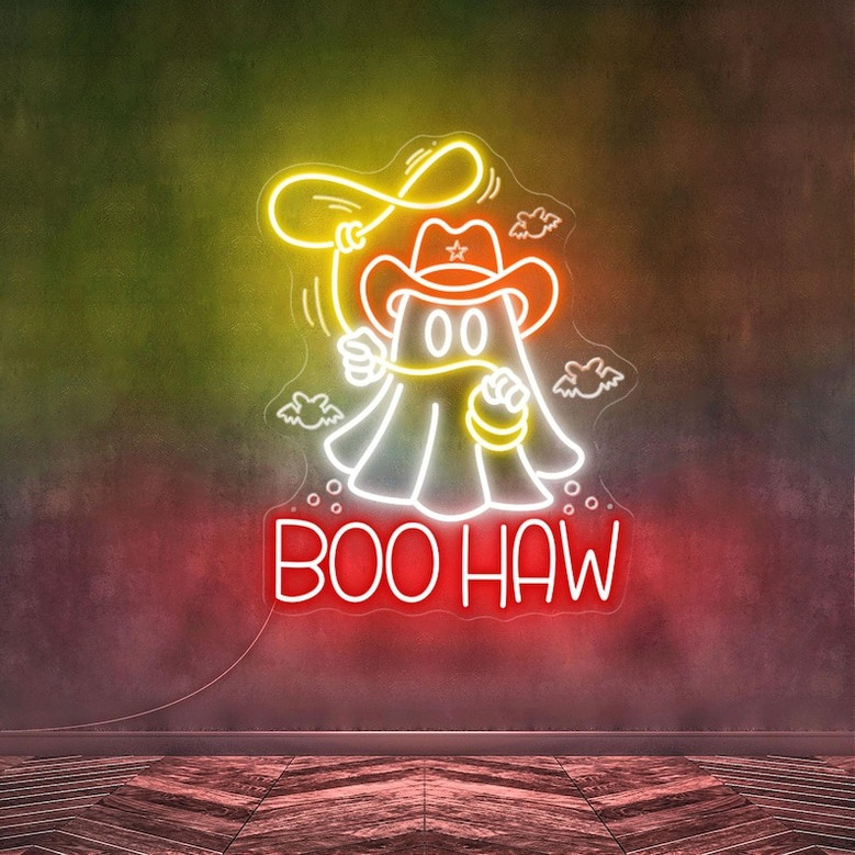 Boohaw Neon Sign – Cowboy Ghost LED Wall Art for Retro Western Halloween Decor