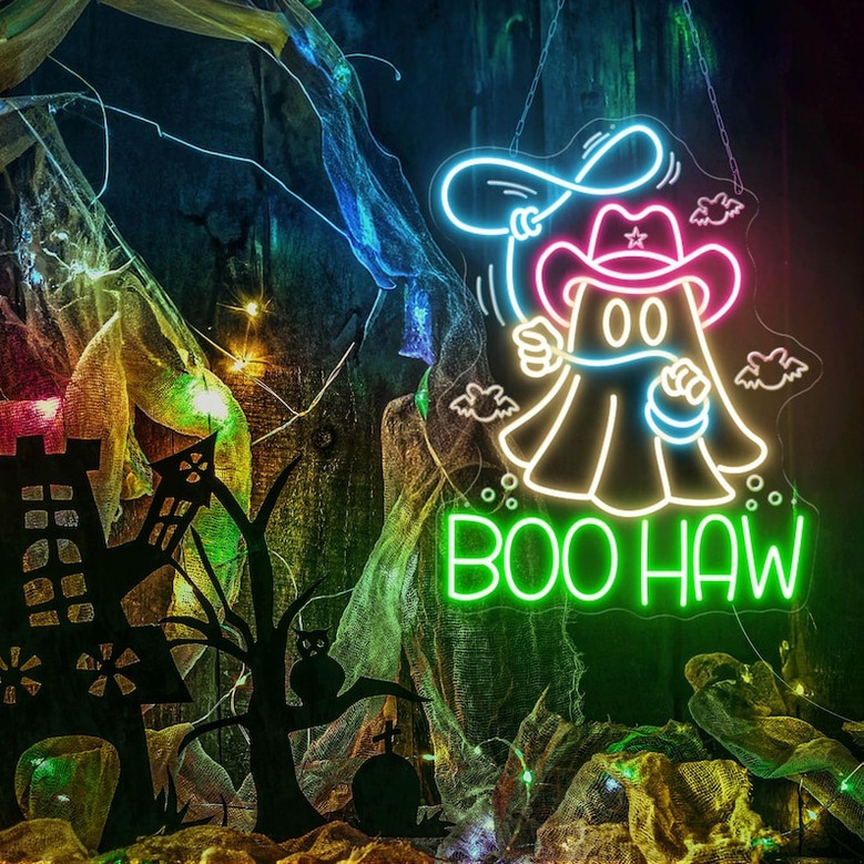 Boohaw Neon Sign – Cowboy Ghost LED Wall Art for Retro Western Halloween Decor