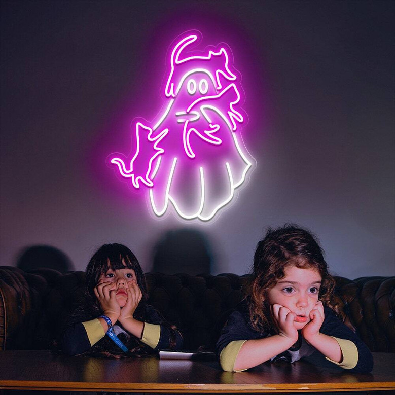 Cat Ghost Neon Sign – Spooky Halloween LED Decor for Cat Moms & Cozy Bedrooms