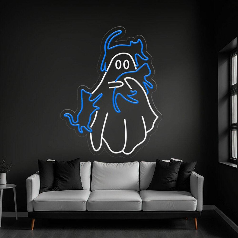Cat Ghost Neon Sign – Spooky Halloween LED Decor for Cat Moms & Cozy Bedrooms
