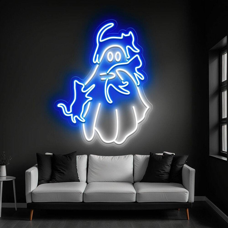 Cat Ghost Neon Sign – Spooky Halloween LED Decor for Cat Moms & Cozy Bedrooms