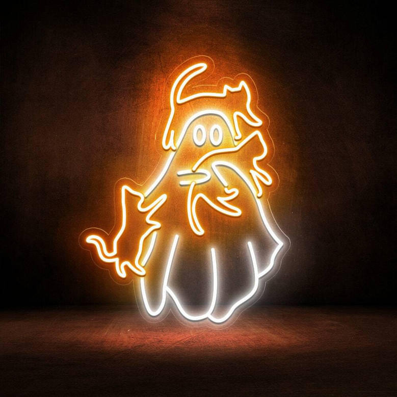 Cat Ghost Neon Sign – Spooky Halloween LED Decor for Cat Moms & Cozy Bedrooms