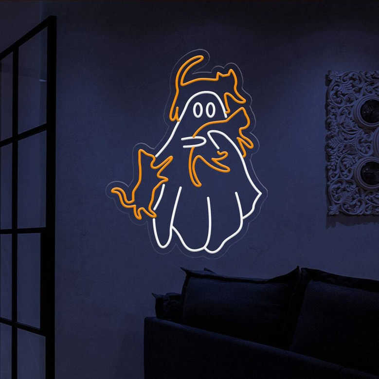 Cat Ghost Neon Sign – Spooky Halloween LED Decor for Cat Moms & Cozy Bedrooms